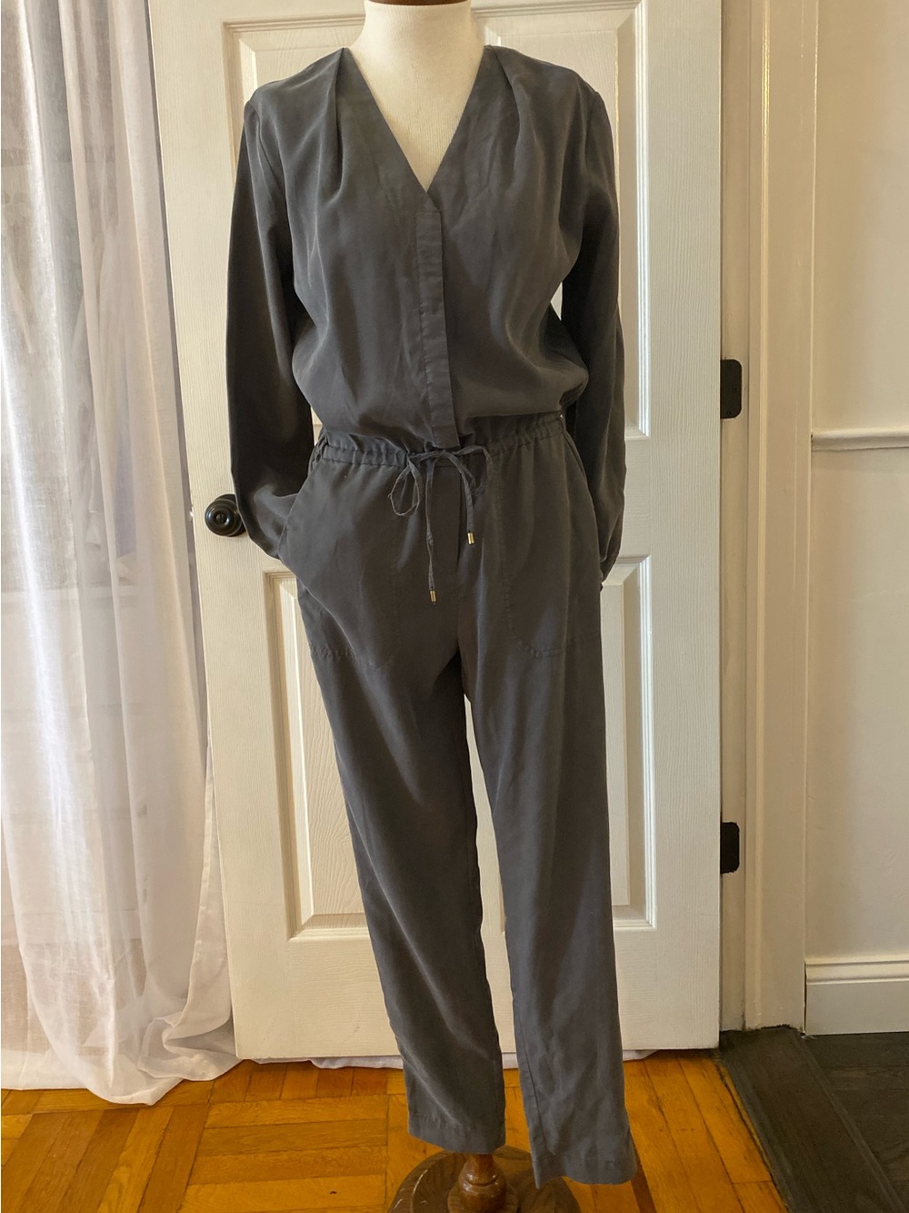 H&M Slate Gray V-Neck Drawstring Jumpsuit Size 6 Minimal Chic